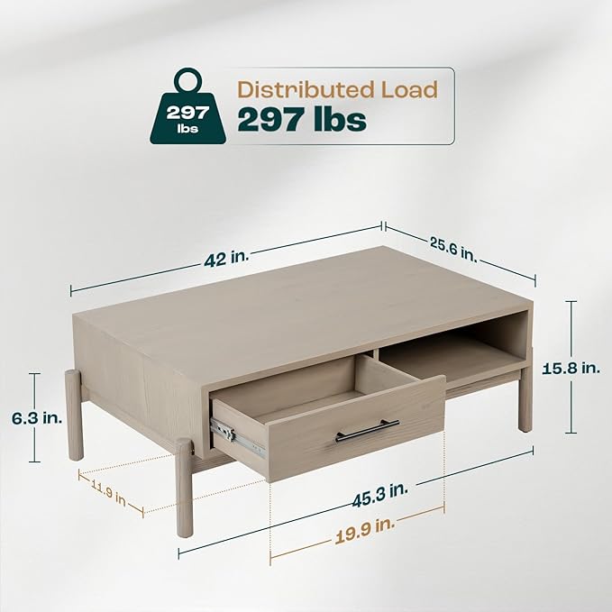 Bme Coffee Table for Living Room, Lyra Solid Wood Rectangle, Mid Century Modern