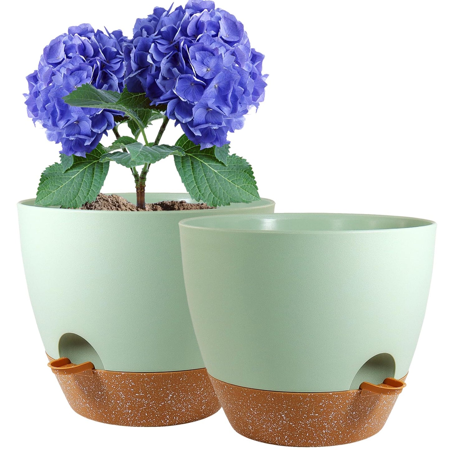 WSMKSZ 8 inch Self Watering Pots, 2 Pack Plastic Planters with Mesh Drainage Holes for Garden Plants and Flower, Plants Pots with Deep Reservoir for Indoor Outdoor Plants, Green with Brown