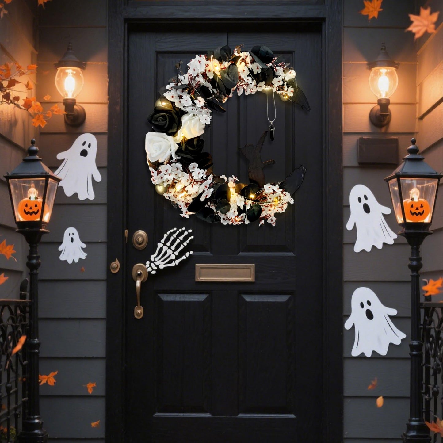 Halloween Wreaths for Front Door, Flower Moon Cat Halloween Home Decoration, Fall Winter Family Gathering Decoration Wreath Outdoor Wall Closet Fence Spooky Wreath(Moon Cat White13.7in×9.8in)
