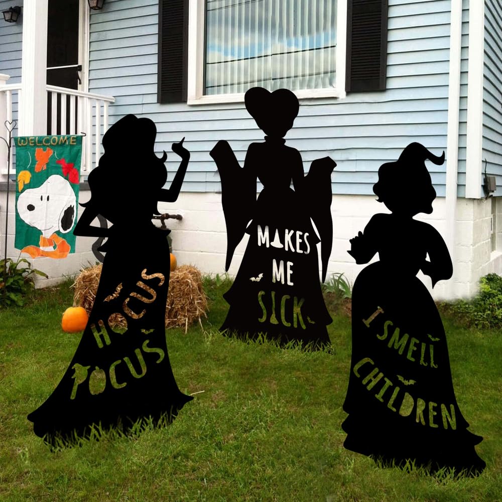 Hocus Pocus Halloween Decorations Outdoor: 3 Extra Large Hocus Pocus Witches, Black Halloween Silhouette Yard Signs with Stakes, Thick Corrugated Plastic, Outside Yard Lawn Decor for Kids Home Party