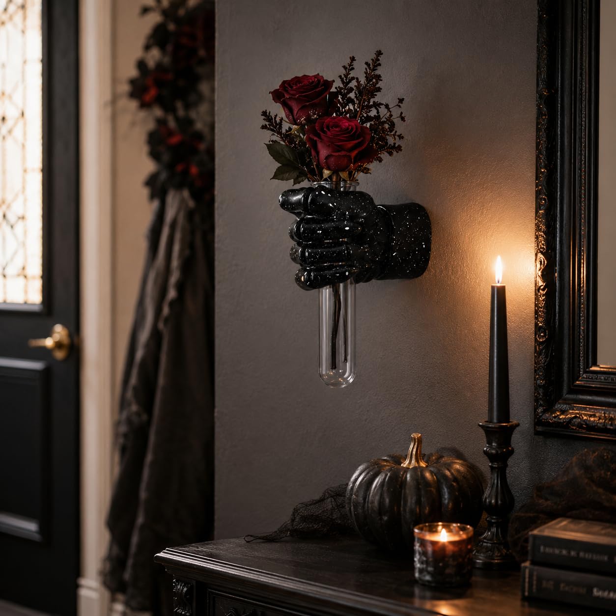 XYQXYQ Halloween Wall Sculpture, Wall Mounted Creepy Skull Hands,Gothic Hanging Art Sculpture,Unique Vase,Horror Skeleton Hand Wall Decorations, Terror Home Decor (Black)