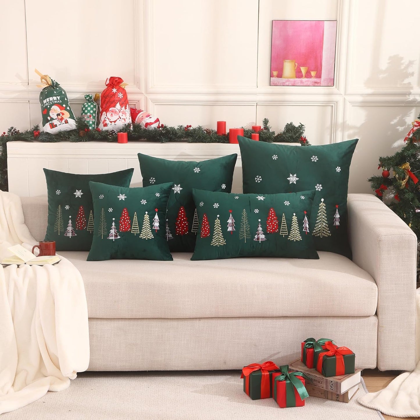 Tosleo Christmas Embroidery Throw Pillow Covers 24 x 24 inch Set of 2 Xmas Dec Velvet Pillowcases Forest Green Christmas Trees Cushion Pillow Cases Soft Square Holiday Pillowcase