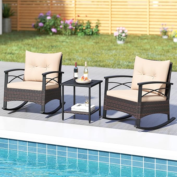 Tangkula 3 Pieces Outdoor Rocking Chairs Set, Rattan Heavy Duty Cushioned