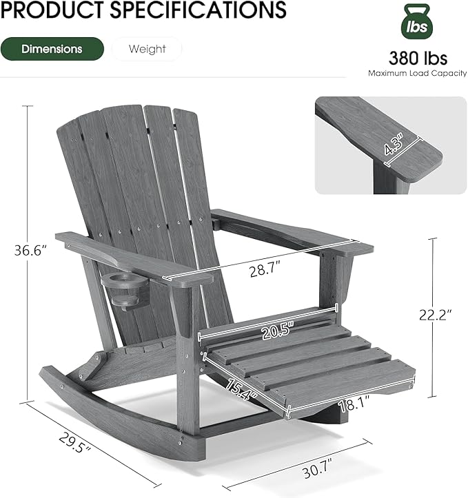 Adirondack Rocking Chair with Retractable Ottoman, Outdoor Folding Adirondack