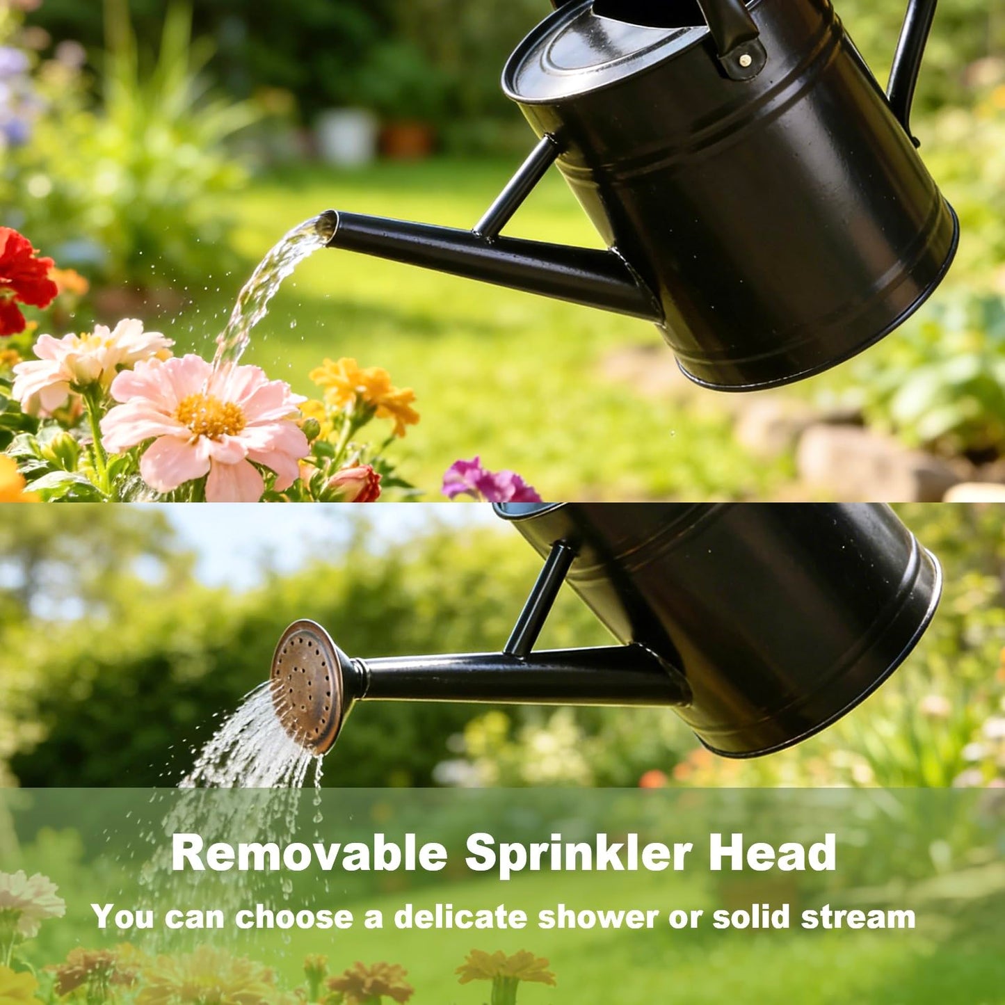 Watering Can for Outdoor&Indoor Plants，1 Gallon Metal Watering Can with with Removable Spout，Galvanized Steel Garden Flower Water Can Plant Watering Pot with 2 Handles，Black