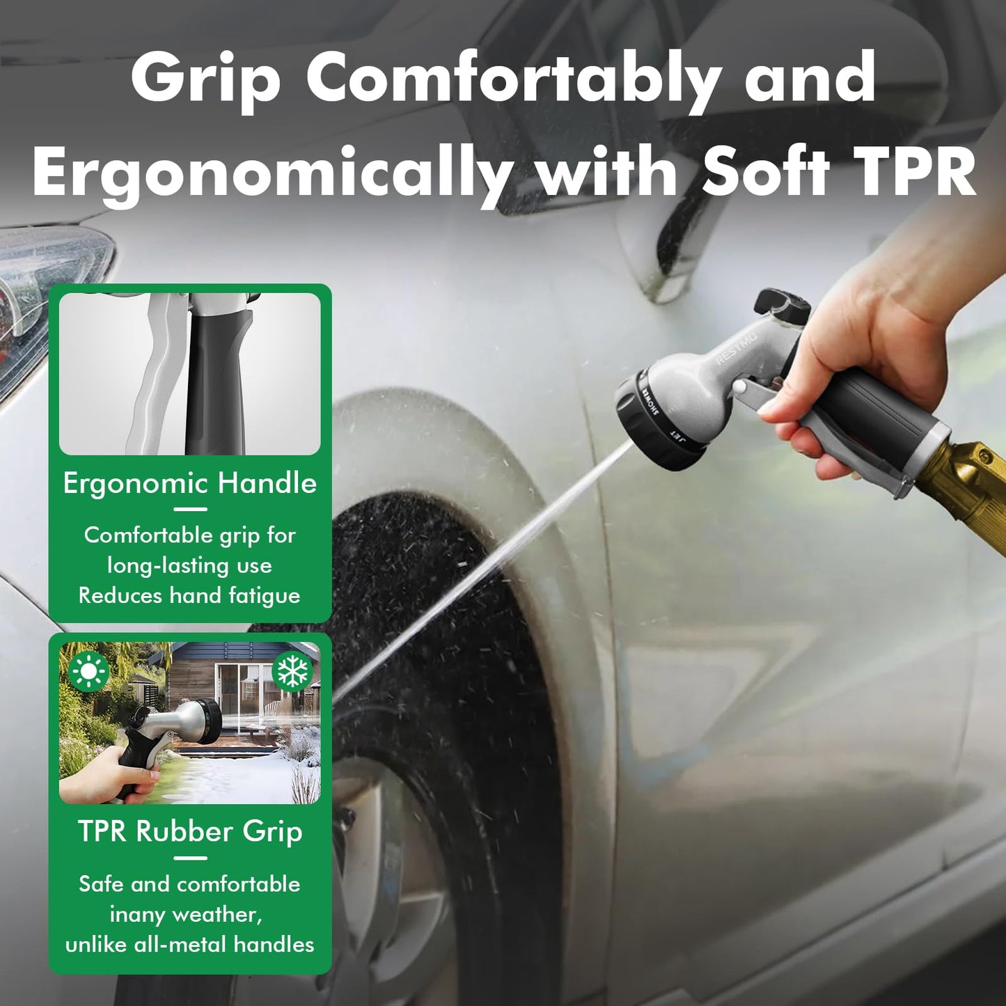 RESTMO Garden Hose Nozzle, Heavy Duty Metal Water Nozzle with 7 Adjustable Spray Patterns, High Pressure Hand Sprayer with Flow Control, for Watering Plants & Lawns, Washing Cars & Pets, Black
