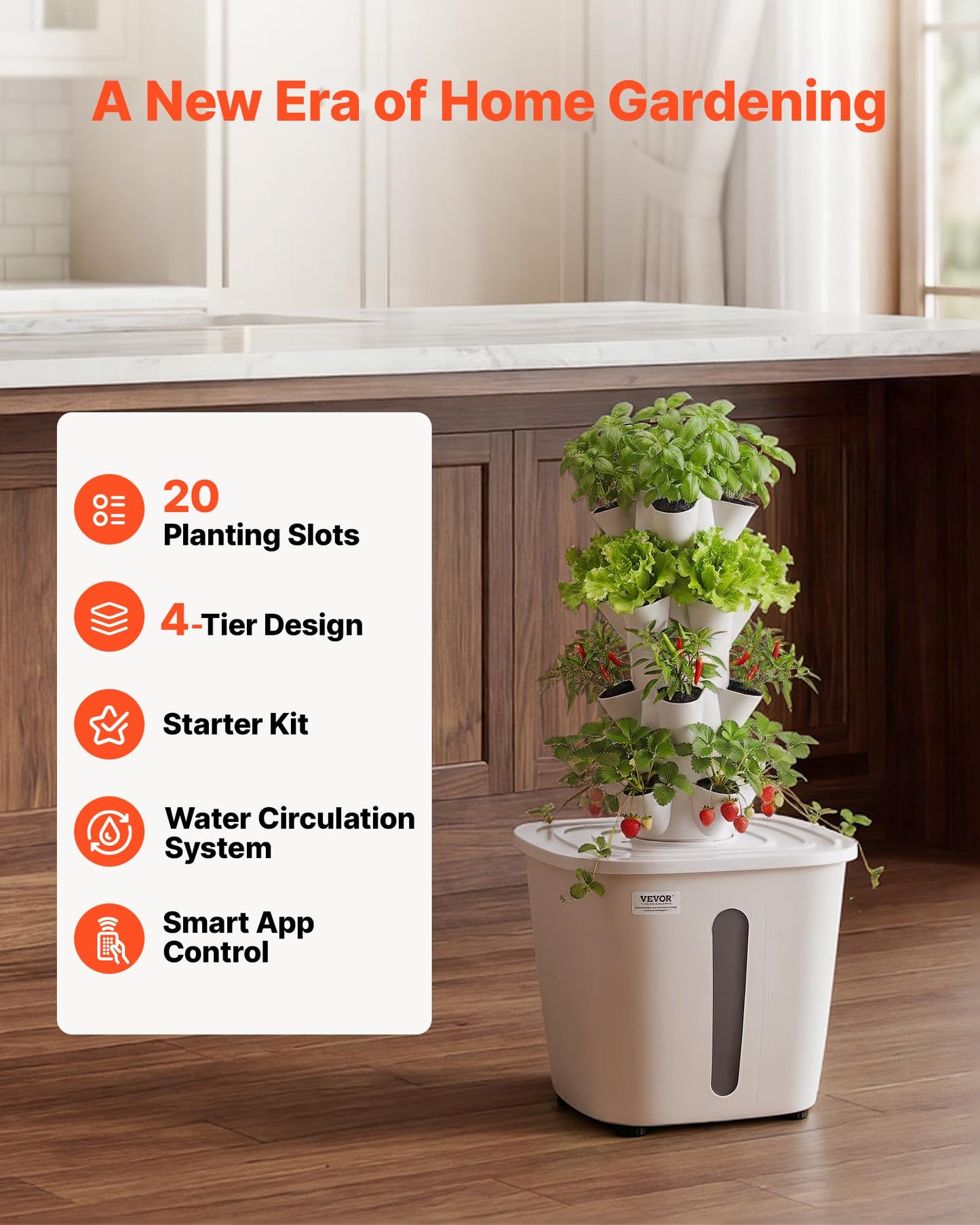 VEVOR Hydroponic Tower, 20 Pods 4 Tiers Hydroponics Growing System Kit, Vertical Home Hydronic Garden with 20L Water Tank & Pump, Planter Plants Germination Kit for Indoor Herbs, Fruits, Vegetables