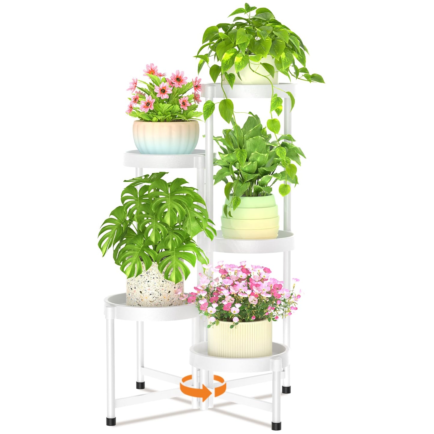 LASZOLA 5 Tiered Plant Stand Indoor Outdoor with Plastic Tray, Corner Folding Tall Flower Display Rack, Modern Plant Holder Shelf for Outdoor Patio Porch Garden Office Living Room, White
