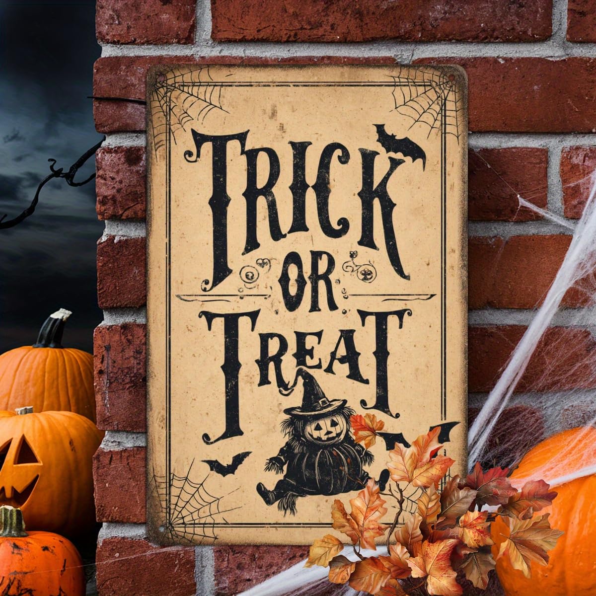 Trick or Treat Halloween Scarecrow Pumpkin Retro Metal Tin Sign Wall Art Decor for Front Door Home Farmhouse Halloween Party Indoor Outdoor 8x12 Inch