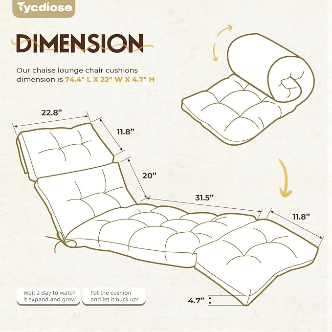 Outdoor Chaise Lounge Chair Cushion 74.4 x 22 x 4.7 Inches Memory Foam Lounge