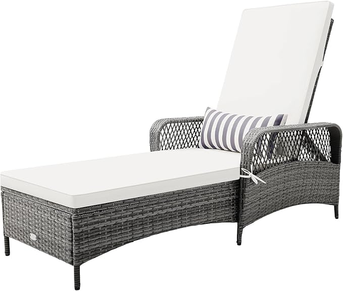 COSTWAY PE Rattan Chaise Lounge Chair, 6 Gear Adjustable Recliner