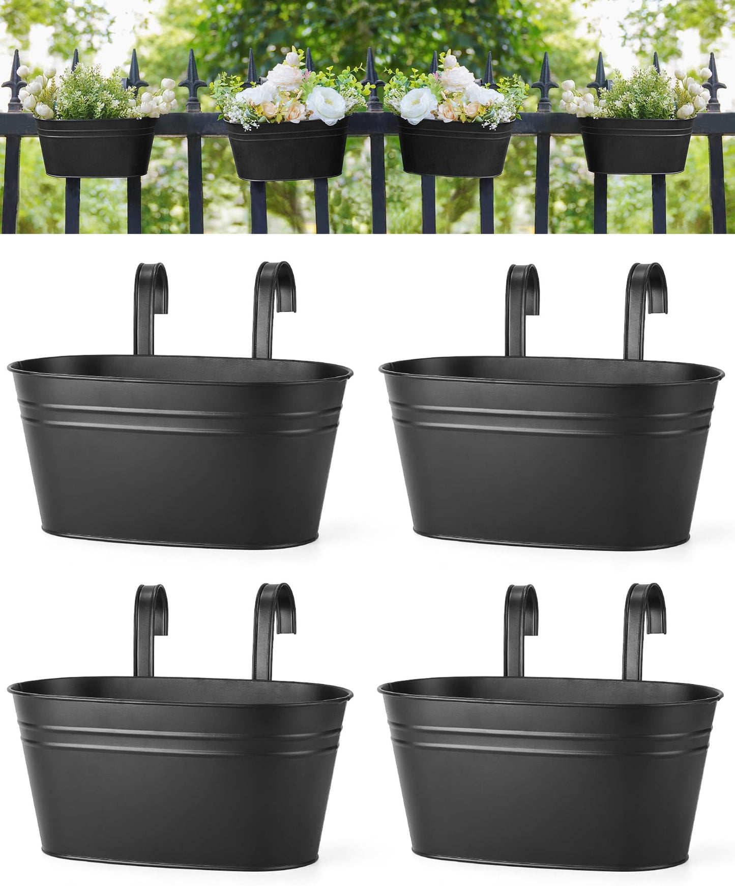 Dahey 10.5 Inch Metal Iron Hanging Flower Pots for Railing Fence Hanging Bucket Pots Countryside Style Outdoor Planter Window Flower Plant Holder with Detachable Hooks Home Decor, Black,4 Pcs