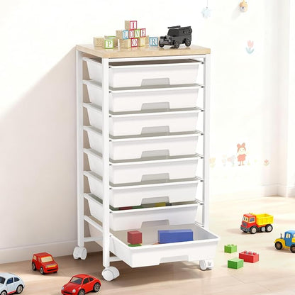 Rolling Cart with 8 Drawers, Storage Drawers Cart with Wooden Tabletop and Lockable Wheels, Craft Storage for Living Room, Office, Classroom, Craft Room, Bedroom