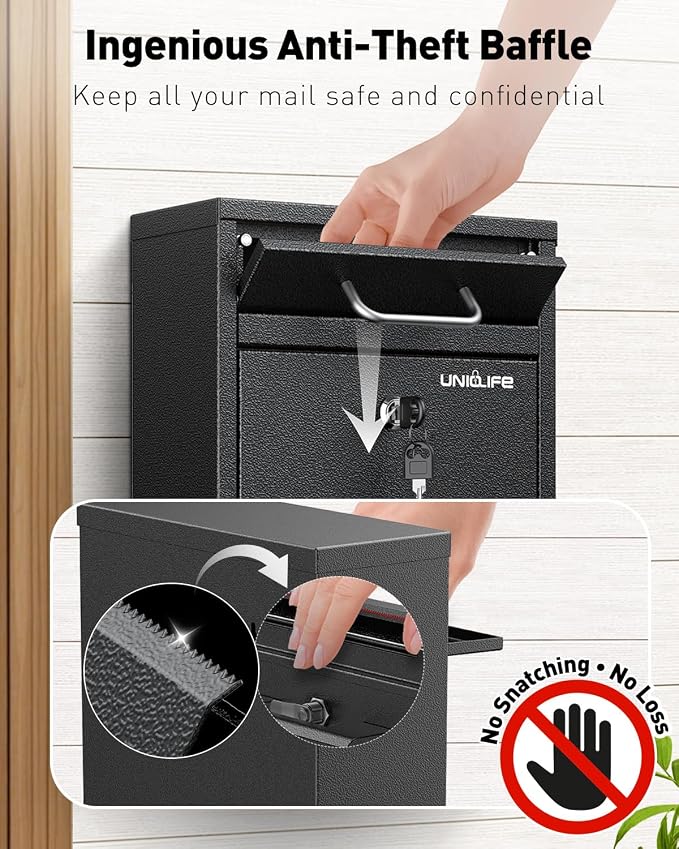 Uniclife Wall Mount Mailbox for Outside, Anti-Theft Heavy Duty Locking Mailbox, Small Mailbox with Key Lock, Security Mail Box, Safe Key Drop Box, Post Box, Steel Cash Drop Box for Home Office, Black