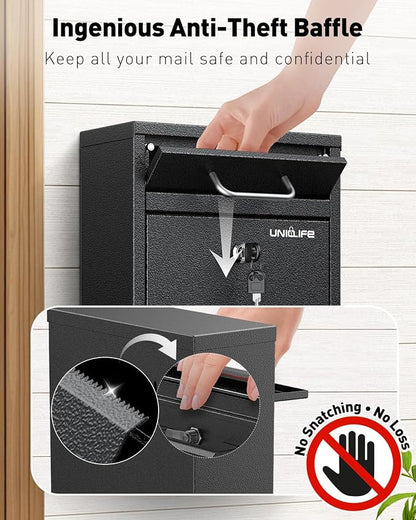 Uniclife Wall Mount Mailbox for Outside, Anti-Theft Heavy Duty Locking Mailbox, Small Mailbox with Key Lock, Security Mail Box, Safe Key Drop Box, Post Box, Steel Cash Drop Box for Home Office, Black