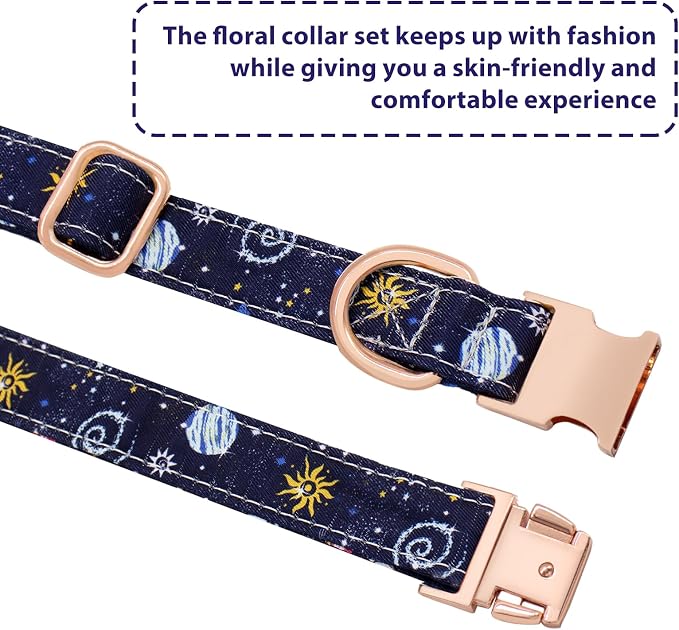 Dog Collar and Leash Set Adjustable Girls Puppy Floral Collars with Bow Tie for Small Medium Large Dogs(XS, Blue Planet)