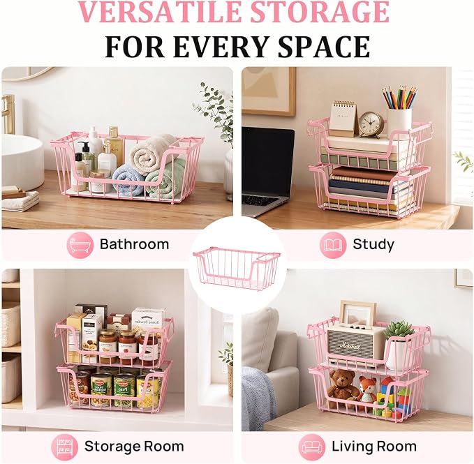 SUNALLY Stackable Storage Bins 6 Pcs Wire Baskets for Pantry Organizers and Storage, Vegetable Fruit Storage Basket for Countertop Organizer,Kitchen Storage Baskets for Onion Potato Snack,Pink