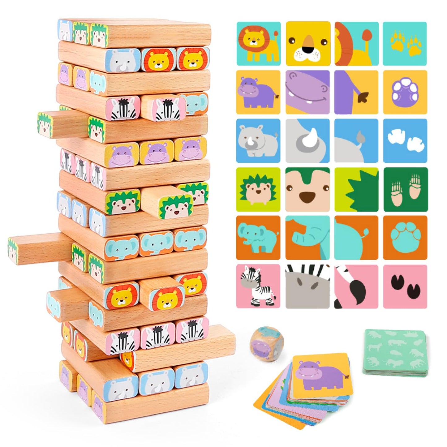 Nene Toys Wooden Block Stacking Game – 4-in-1 Tumble Tower Family Board Game with Building Blocks, Cards and Dice – African Safari Educational Wooden Toy for Kids 3-9 Years Old About Animals
