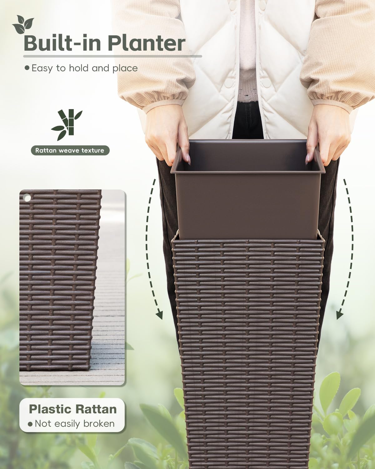 Acurax 24 Inch Tall Plastic Planters (Set of 2), Detachable Inner Pot & Drainage Holes, Outdoor Decorative Flower Pots for Large Plants, Trees, Patio, and Garden, Brown