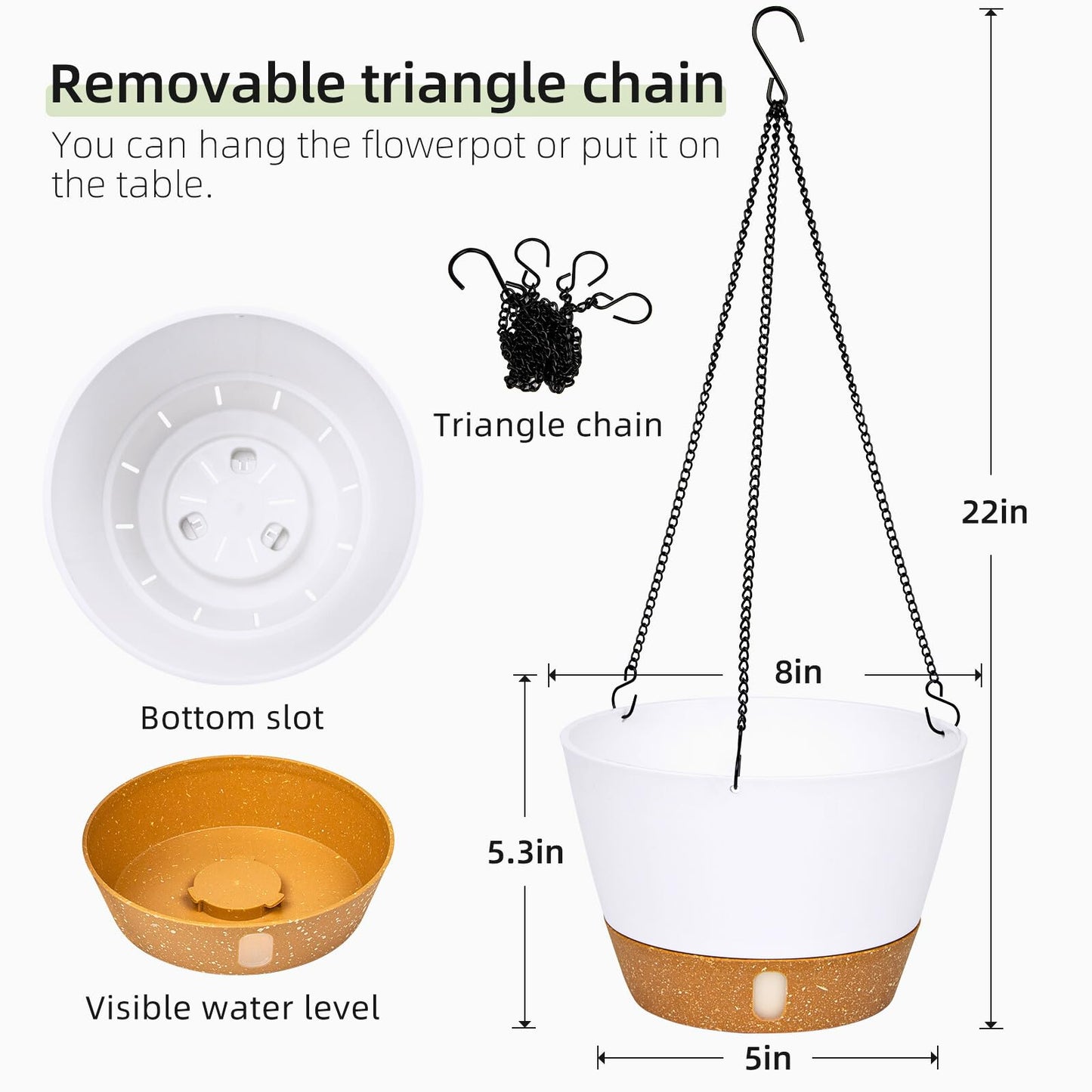 QCQHDU 2 Pack 8 Inch Hanging Planters for Indoor Outdoor Plants, Hanging Baskets Flower Pots with Reservoir Tray & Visible Water-Level