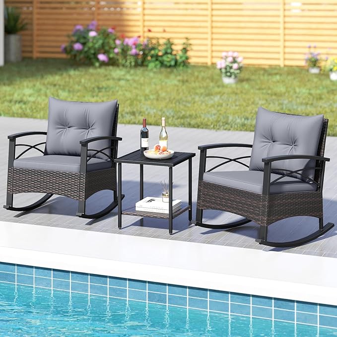Tangkula 3 Pieces Outdoor Rocking Chairs Set, Rattan Heavy Duty Cushioned