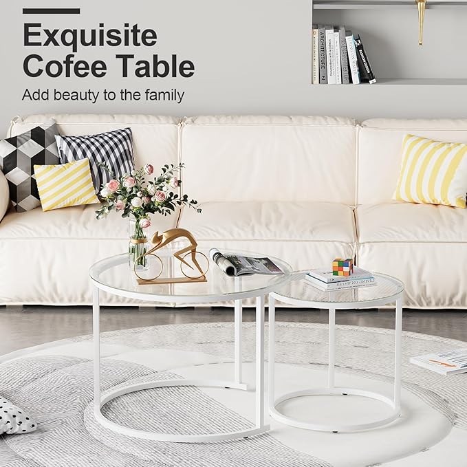 aboxoo White Nesting Glass Table Set of 2, Small Glass Round Nesting Tables