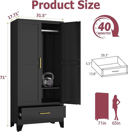 GAIOUS Metal Armoire Wardrobe Closet Cabinet with 2 Doors and Drawer, 71" | Household Wardrobe Cabinet with Hanging Rod, Clothing Storage Cabinet with Adjustable Shelf for Bedroom Cloak Room Gym Black