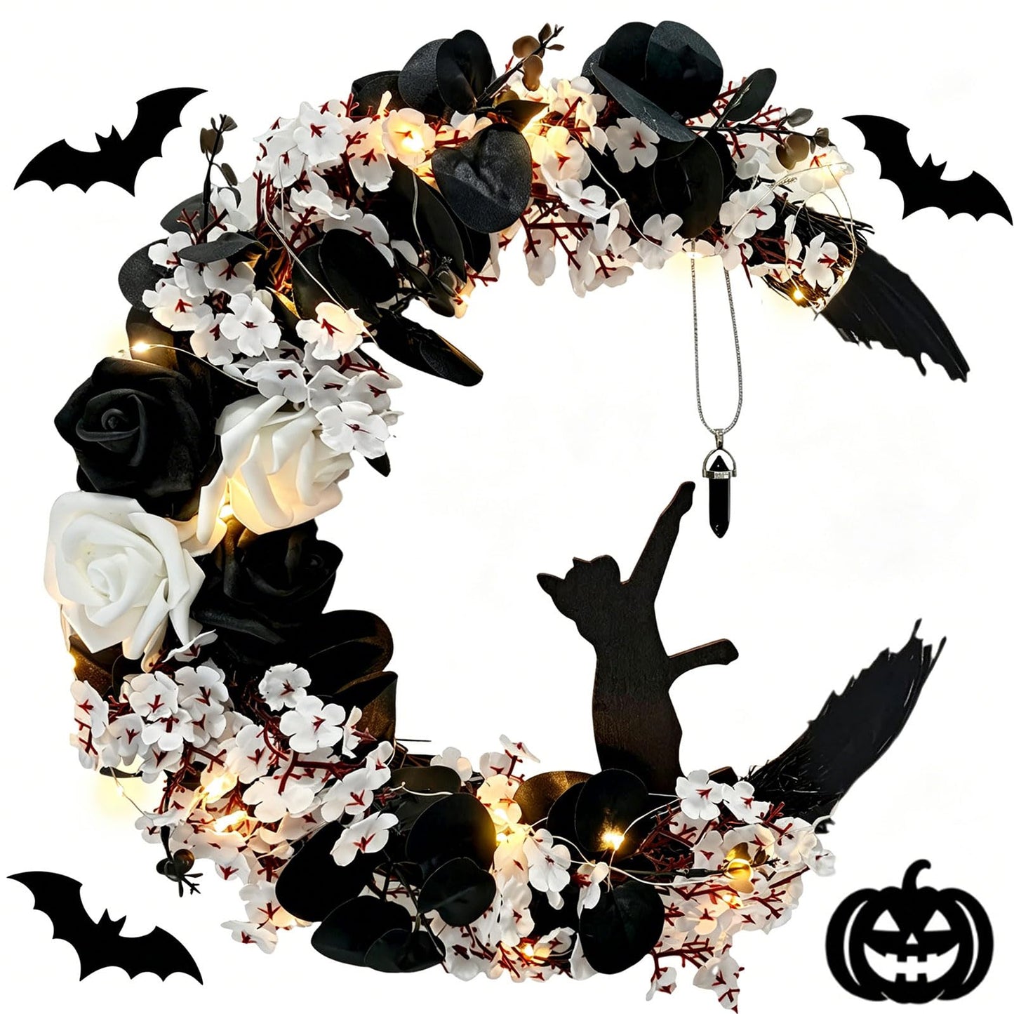 Halloween Wreath Moon Cat Black White Wreath Halloween Decor 13.7in×9.8in