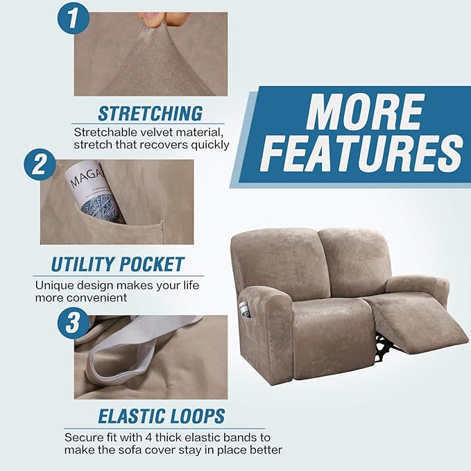 H.VERSAILTEX Velvet Stretch Recliner Couch Covers 6-Pieces Recliner Loveseat