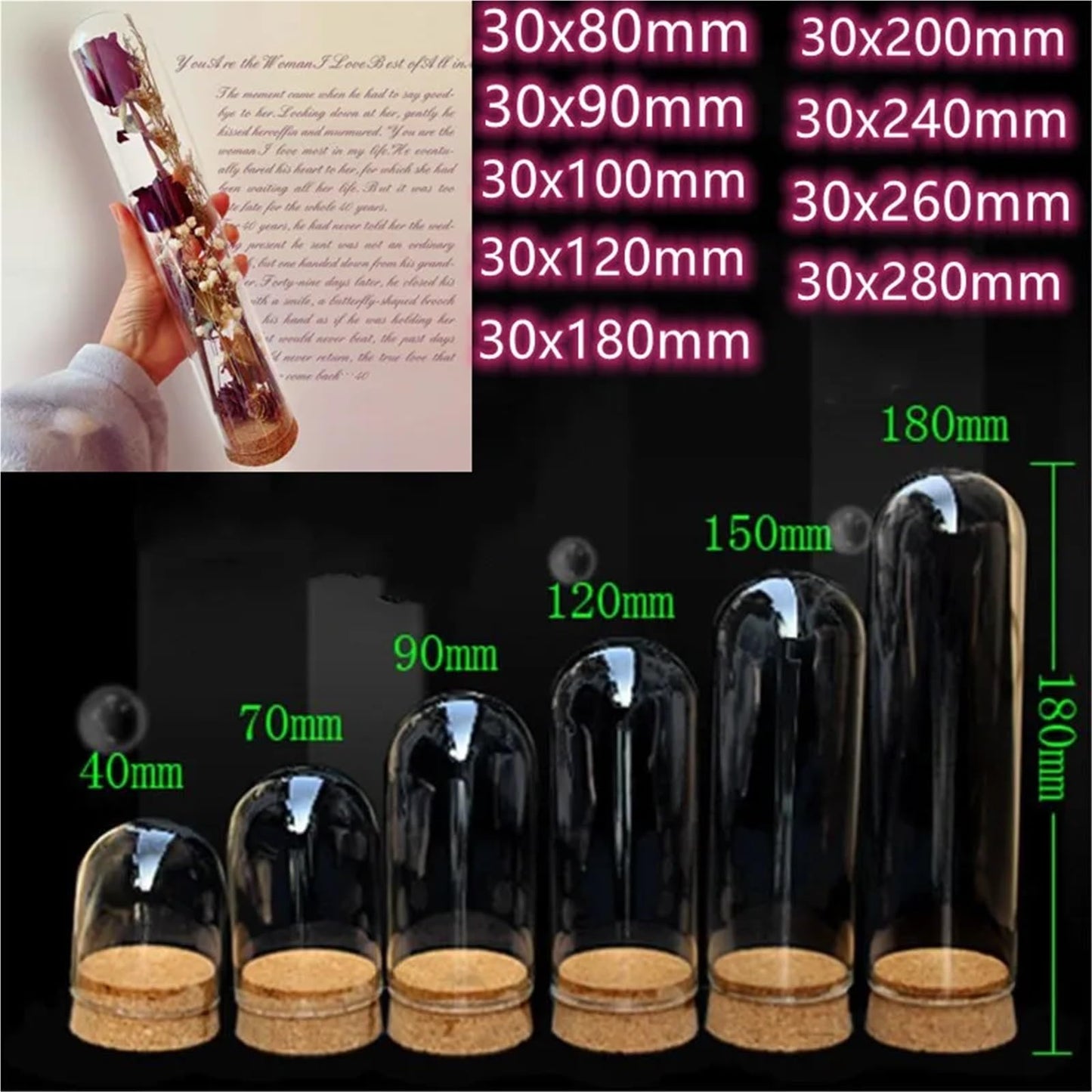 10X Da30mm Glass Bottle Terrarium Jar Cork Base Dome Dust Cover DIY Specimen Succulent Plant Micro Landscape Flower Vase Display(30x120cm)