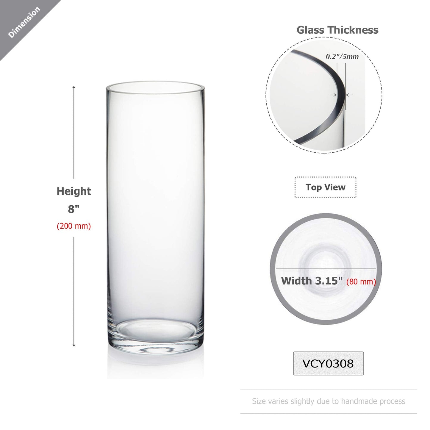 WGVI Quality Thick Clear Cylinder Glass Vases, 3" W x 8" H, Bud Vase Skinny Narrow Floral Bouquet Flower Container for Wedding Centerpieces Tabletop Home Accent Décor Brush Pen Holder, 1 Piece