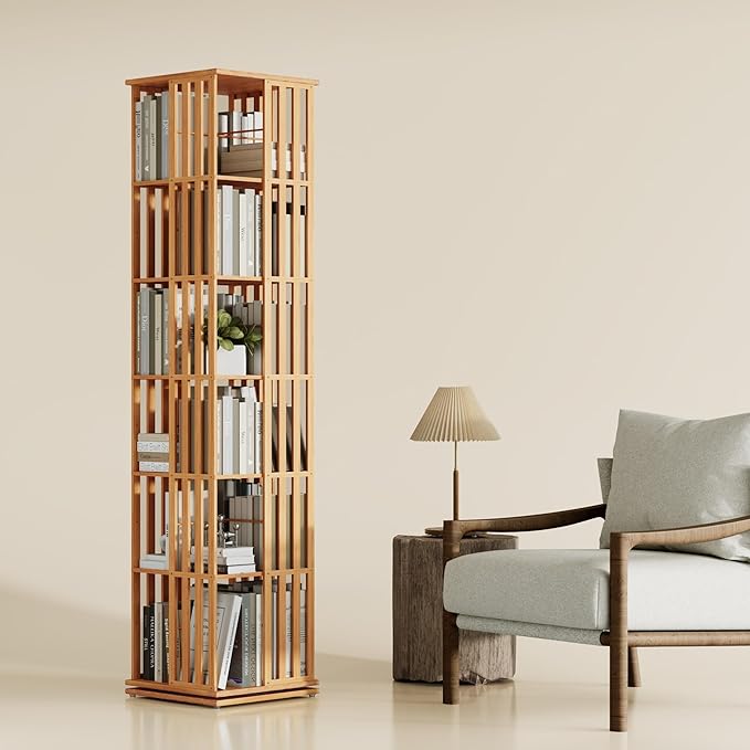 YOWOS Rotating Bookshelf Tower, 360° Display Spinning Bookcase, Bamboo