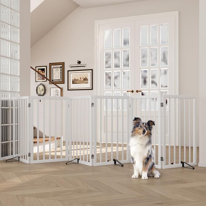 Freestanding Extra Wide Dog Gate Indoor, 6-Panel Wooden Pet Gate with 2 Metal Stands and 360°Hinge, Tall Dog Gates for Doorways, Stairs, Doorways, Kitchen, Foldable Safety Fence, 110"W x 32"H - White