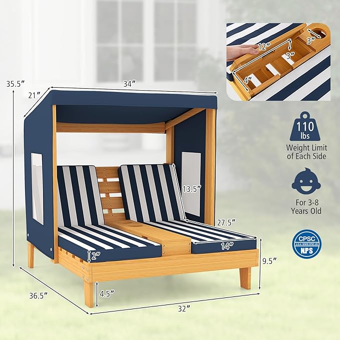 HONEY JOY Kids Chaise Lounge Chair Outdoor, Toddler Wood Double Pool Lounger
