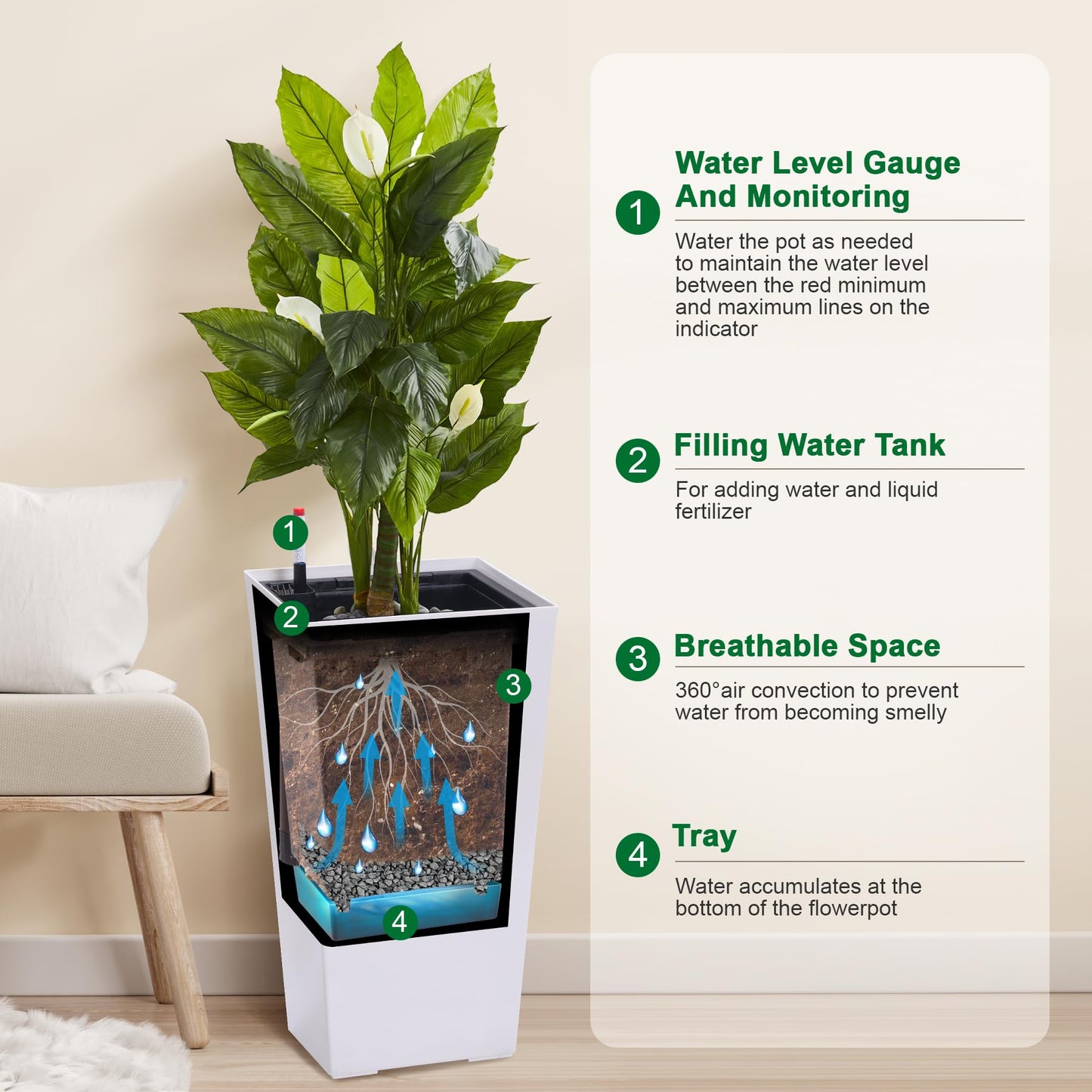 Garvee 22.5" Tall Planters Set of 2, Outdoor＆Indoor Black Planter Pots, High Front Porch Planter Pots with Drainage Holes＆Water Level Monitor＆Inner Bucket,White