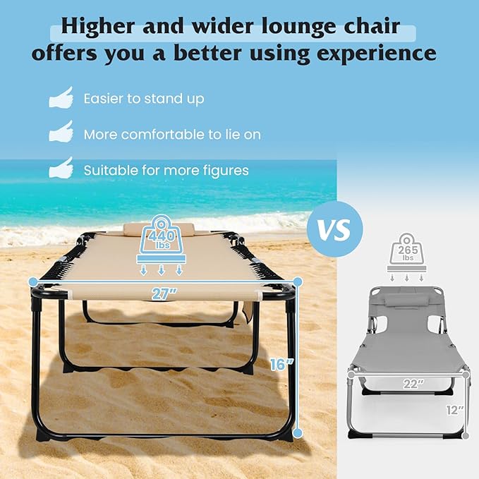 GYMAX Lounge Chair for Outside, 440lbs 27” Oversize Folding Beach Tanning