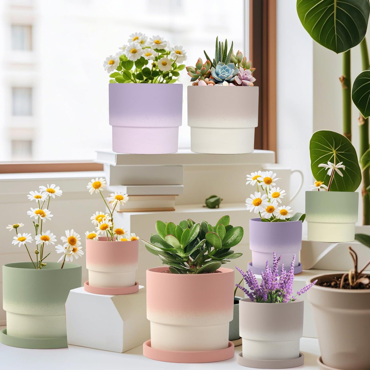 4PCS Flowerpot with Tray Ceramic Planters Small Planters for Indoor Plants Plant Pots Indoor with Drainage Small Succulent Clay Planter Pots (Green)