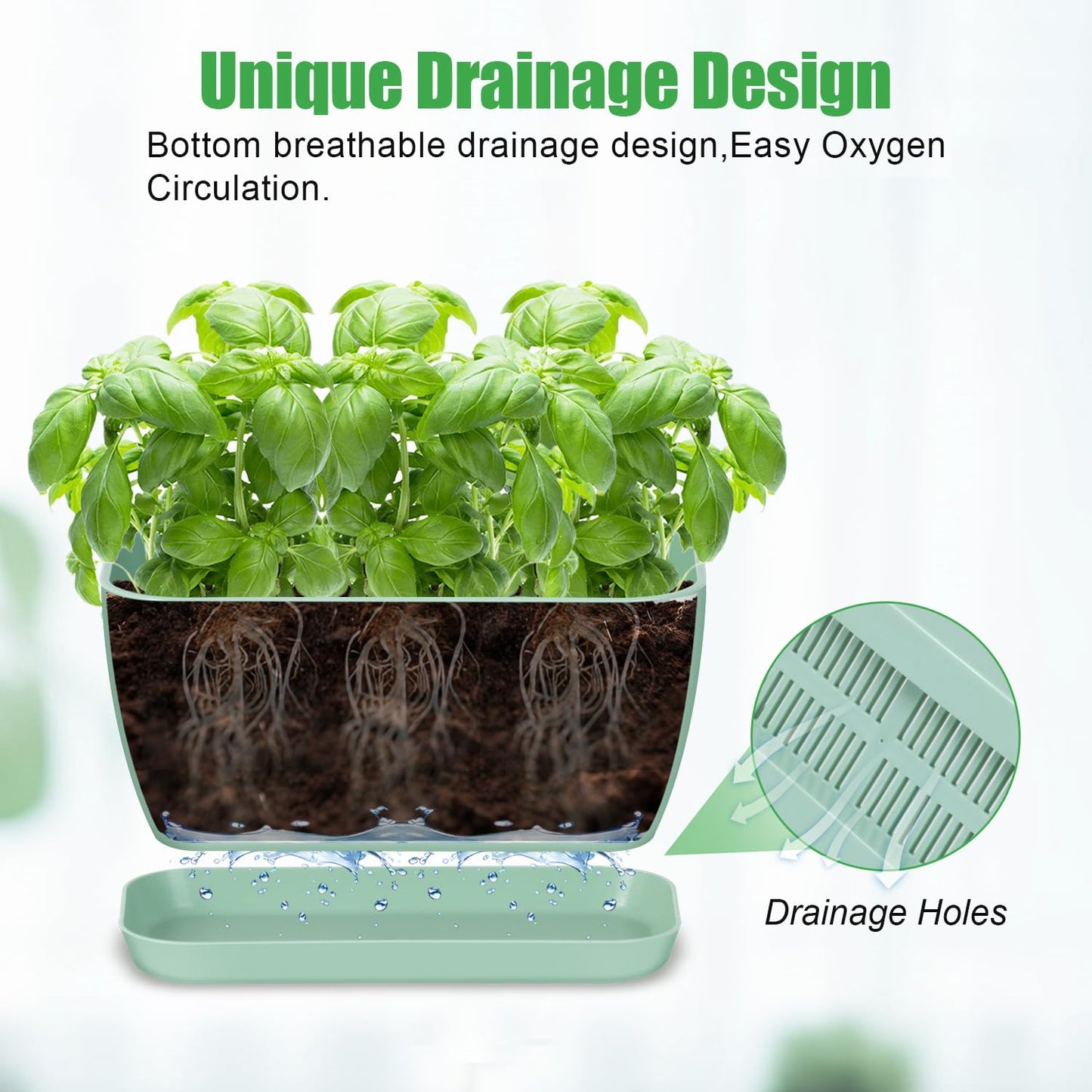 Oliz 4 Set Window Herb Planter Box Rectangular, Green Plastic Planters with Multiple Drainage Holes and Trays,Indoor Succulent Cactus Mint Flower Pot for Windowsill, Garden Balcony