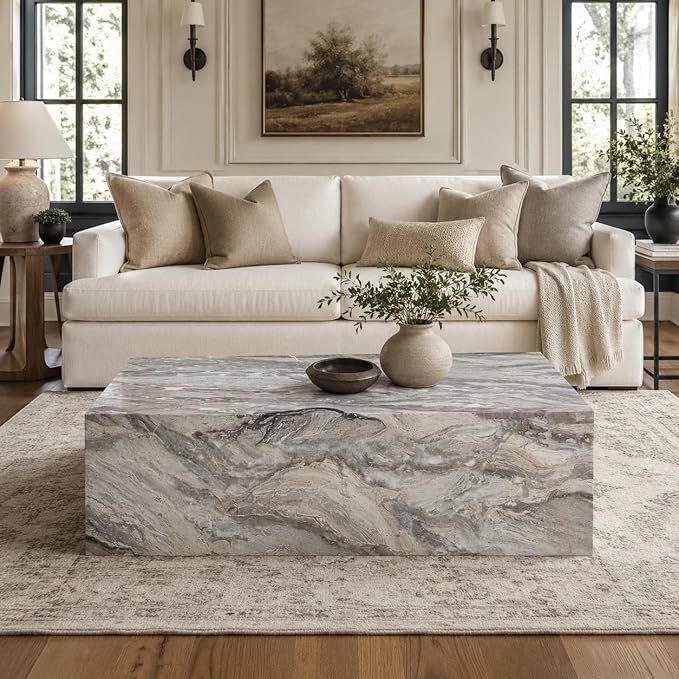 Coffee Table, Modern Faux Marble Living Room Table in Grey