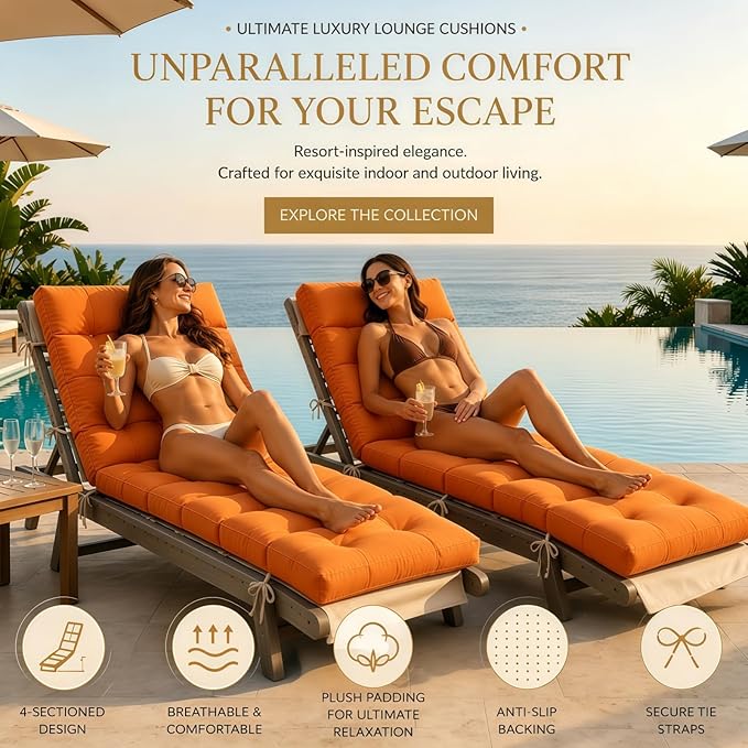 Outdoor Chaise Lounge Cushion, Waterproof 74.4x22x4.7 Inch Thick Cotton Filled