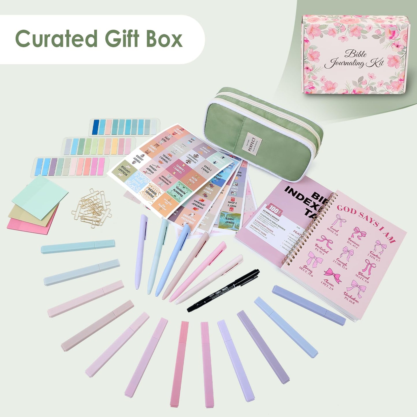 Bible Journaling Kit for Women, Bible Study Supplies Set with No Bleed Highlighters, Pens, Tabs, Notebook, Pencil Case, Christian Gifts for Women, Beginners, Students, Bible Study kit (Green)