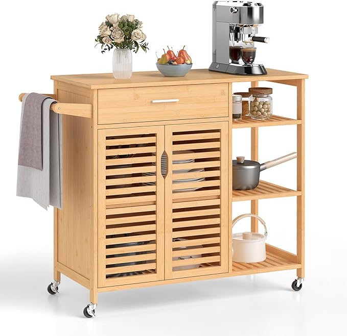 Giantex Bamboo Kitchen Island Cart, Mobile Serving Cart