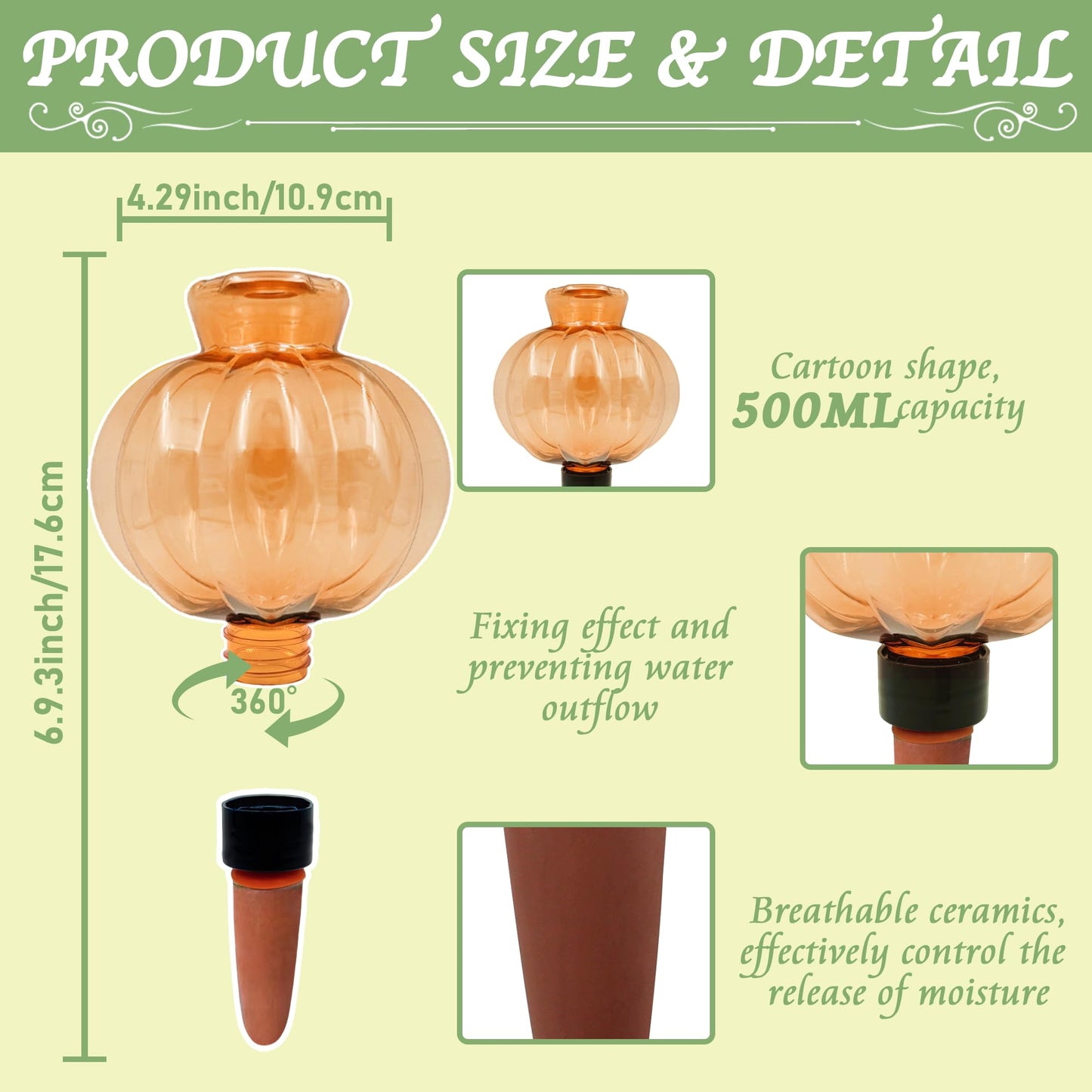 KIROYAL Self Watering Spikes 2 Pack, 16.9oz Large Capacity Plant Watering Globes, Up to 2 Weeks Automatic Watering, Terracotta Irrigation Device for Indoor Plants (Orange Lantern Design)