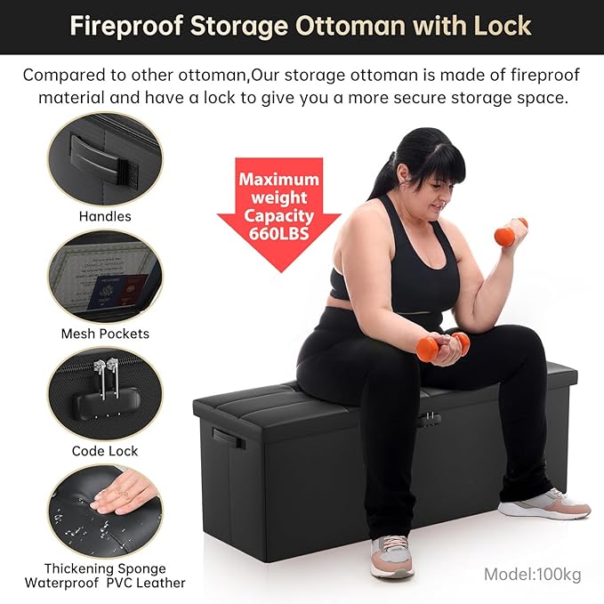 DocSafe Storage Ottoman Bench, Fireproof＆Waterproof Folding Bench