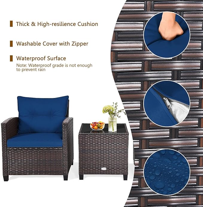 HAPPYGRILL 3 Pieces Patio Conversation Set, Outdoor Furniture Set PE Rattan