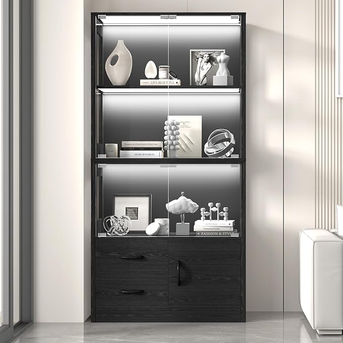 Display Cabinet with Glass Doors, 4-Tier Display Case with 3-Color Lights &