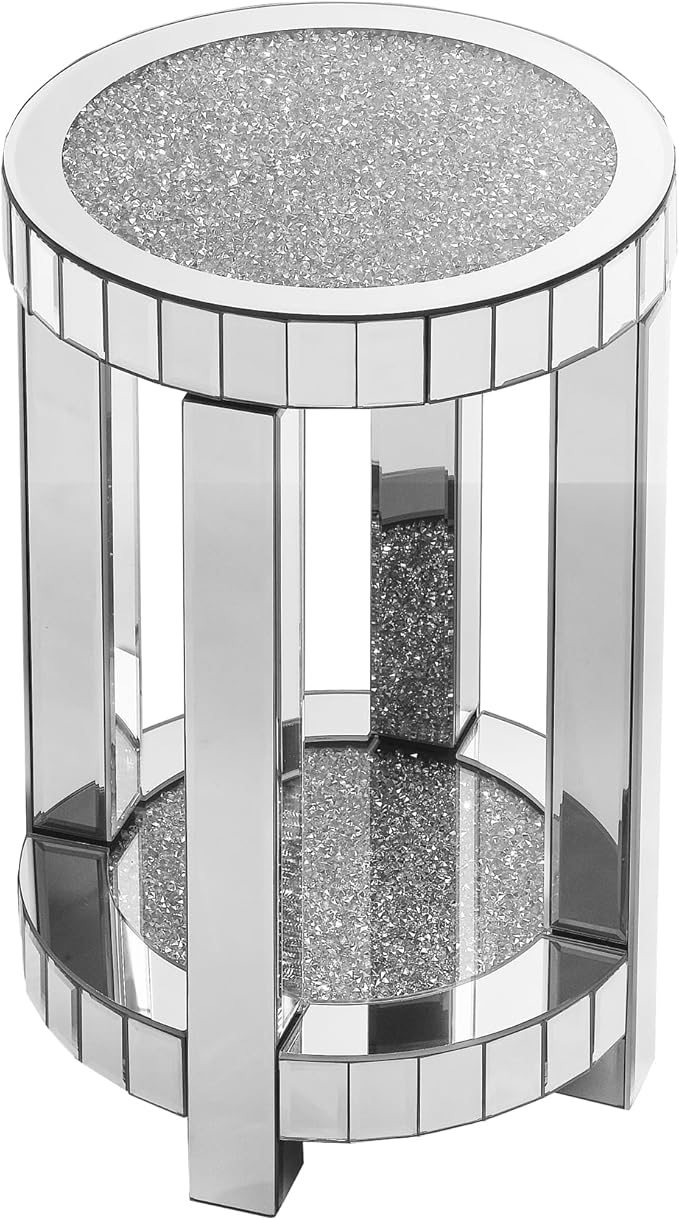 Mirrored Round End Table with Crystal, 2-Layer Modern Small Sofa Table with