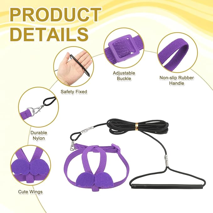Bird Harness Leash, Adjustable Pet Parrot Bird Harness and Leash Lightweight Anti-Bite Flight Training Rope with Cute Wing, (Purple, L), Intended for Parrots/Pigeons/Budgies