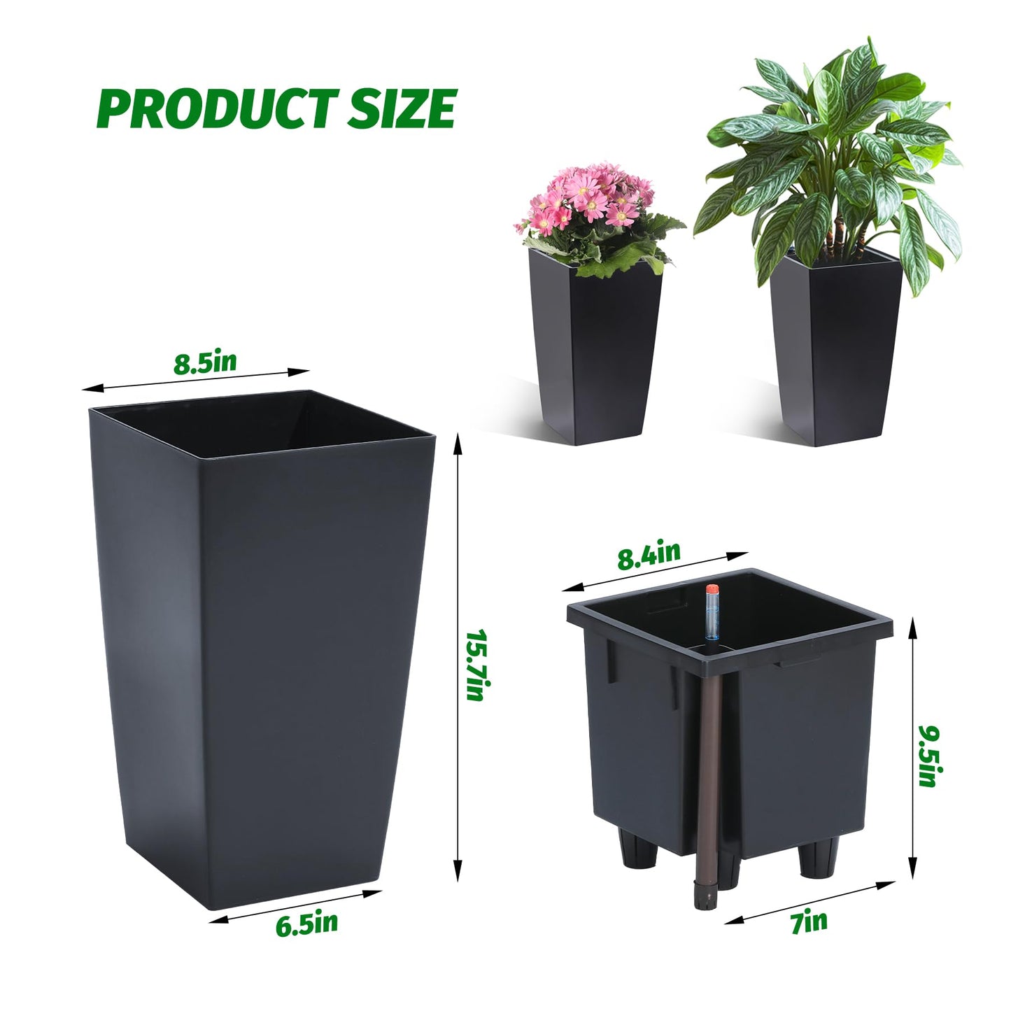 Garvee 16" Tall Planters Set of 2, Outdoor＆Indoor Black Planter Pots, High Front Porch Planter Pots with Drainage Holes＆Water Level Monitor＆Inner Bucket,Black