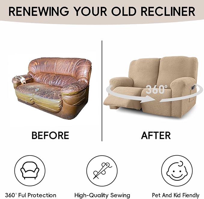 Recliner Loveseat Covers, 4-Piece Stretch Geometric Strokes Jacquard Reclining